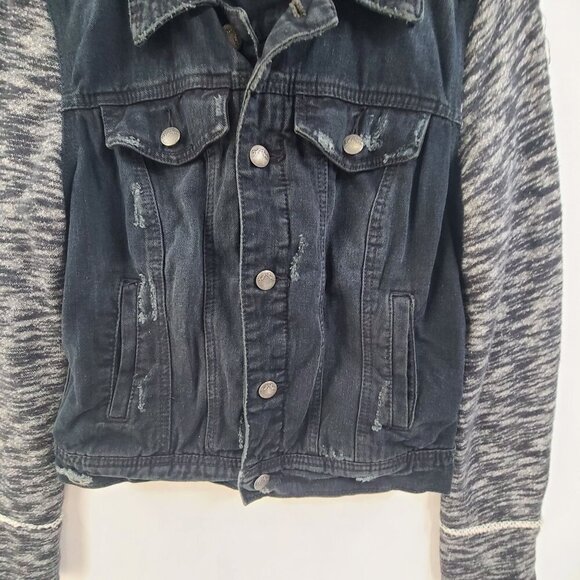 Free People Denim Jacket Layered Knit Hooded Dark Washed Women's Size Small - Picture 4 of 11